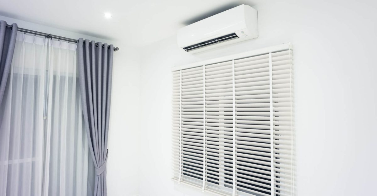 Venetian blind and air conditioner (ac) wall mount or indoor unit of split system consist of electric fan, filter and evaporator coil for climate, temperature and humidity control in room of home.