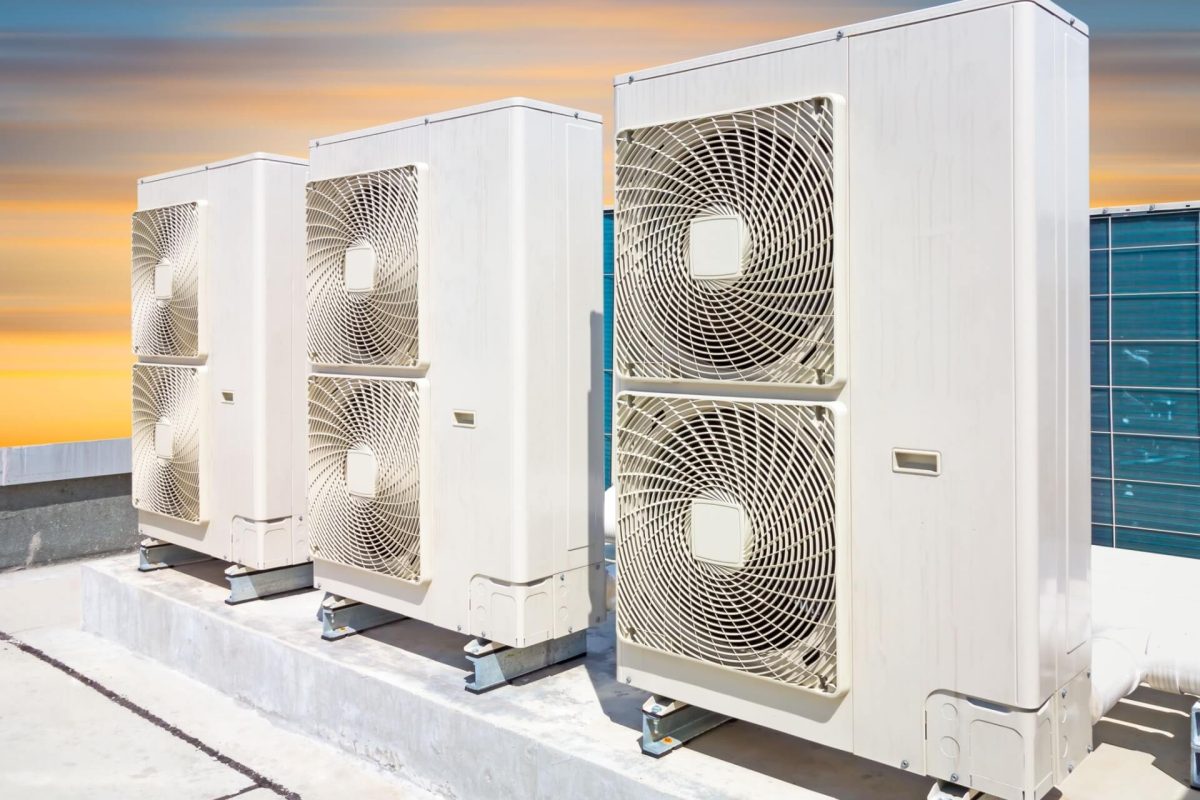 Outdoor air conditioning condenser units on a rooftop.