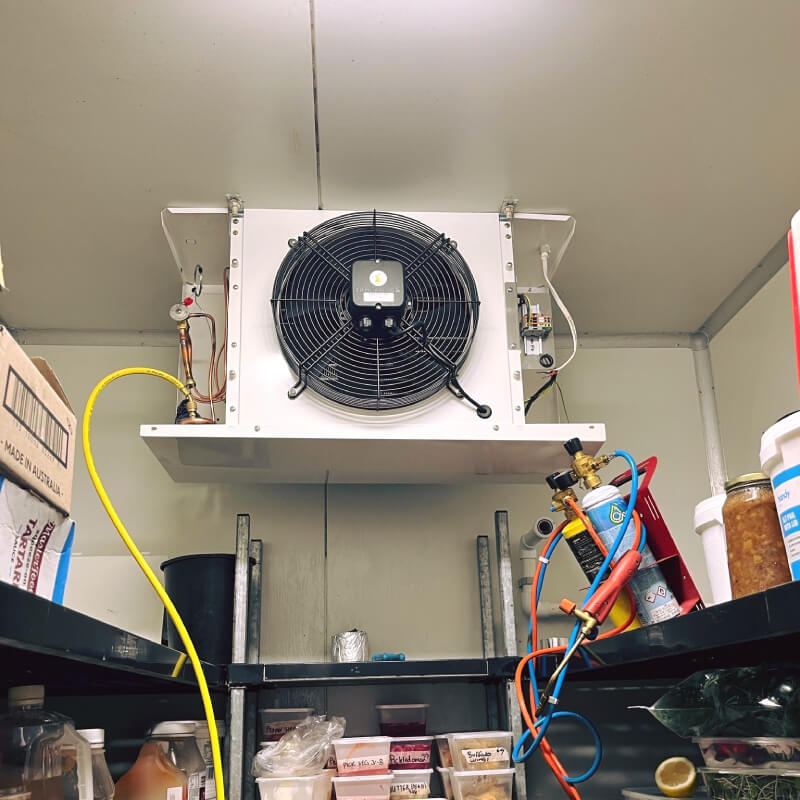 Commercial refrigeration fan system installed inside a cold room.